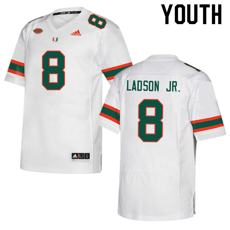Youth #8 Frank Ladson Jr. Miami Hurricanes College Football Jerseys Sale-White - Click Image to Close